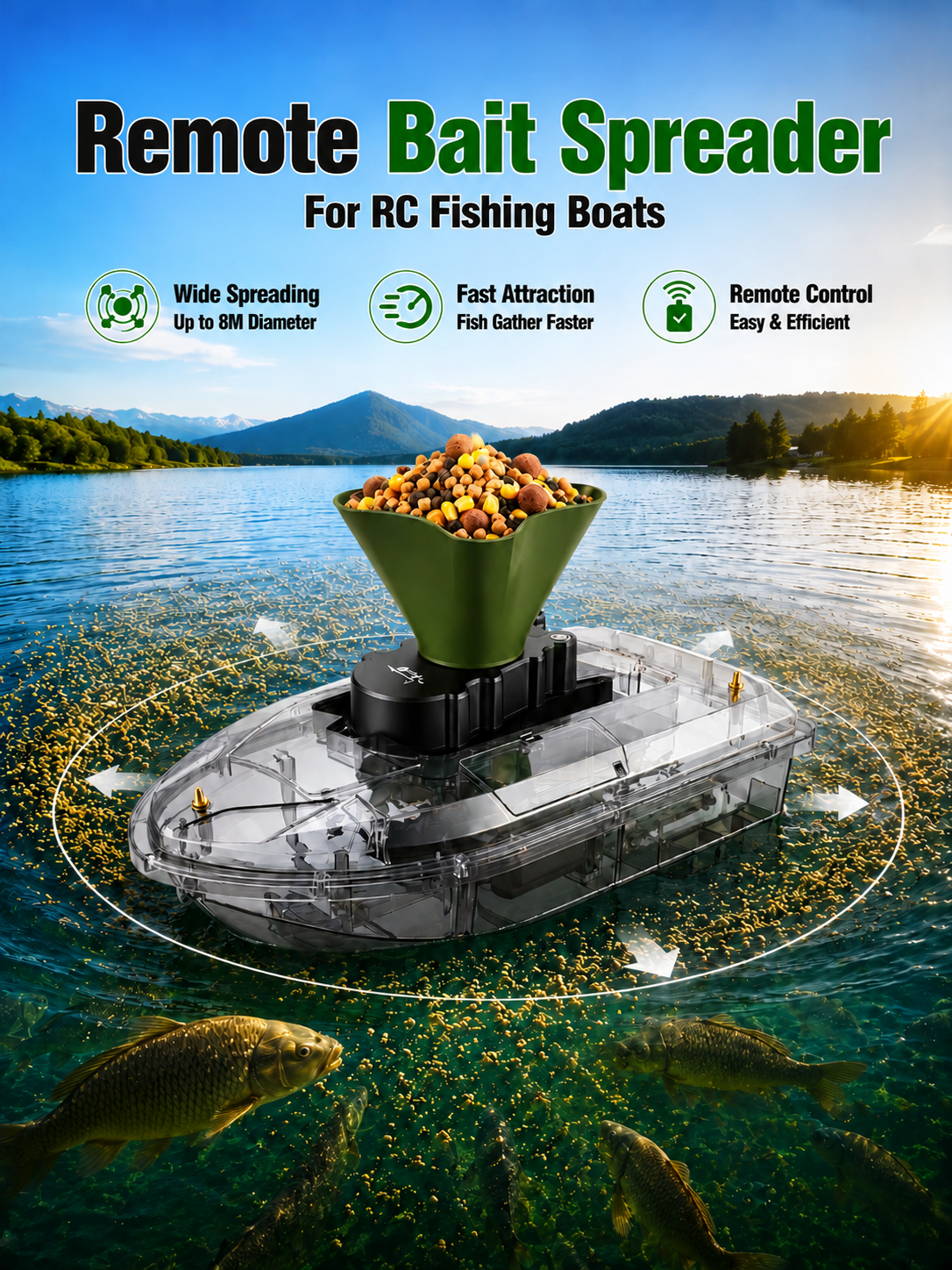 Fishing Boat Trailer - 360° Rotating Bait Dispenser & Bait